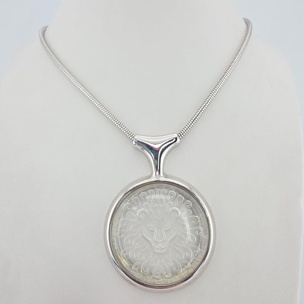 Vtg WHITING & DAVIS Lion Necklace Leo Zodiac Intaglio Reversible Silver Tone 18"